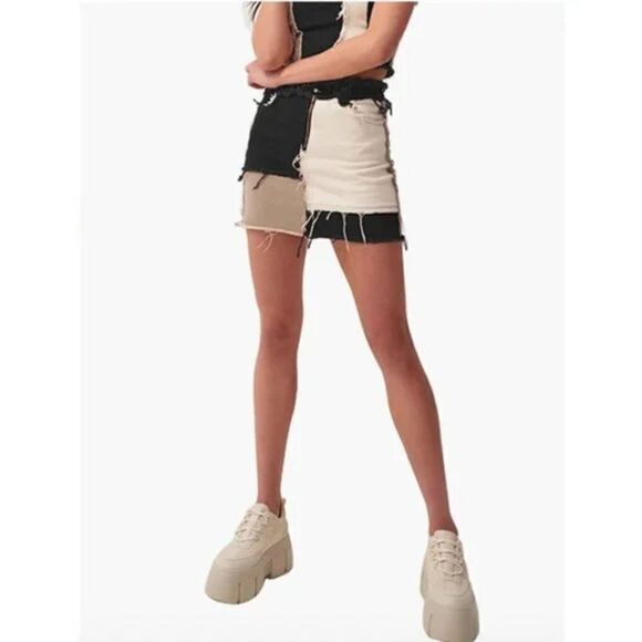 Sexy Black Colorblock Patchwork Denim Distressed Ripped Mini Bodycon Jean Skirt - Picture 4 of 7